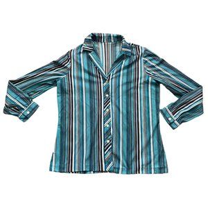 Womens Blouse Shirt size l XL Blue Green Striped Long Sleeve Button